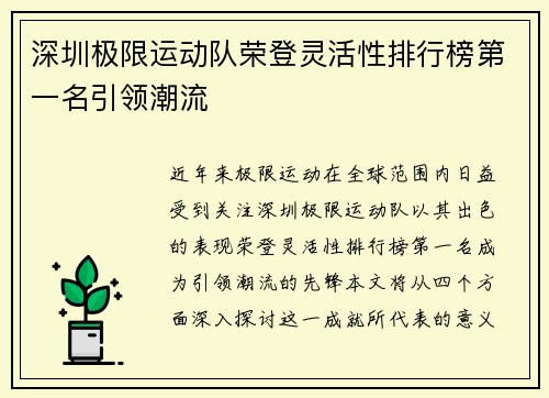 深圳极限运动队荣登灵活性排行榜第一名引领潮流